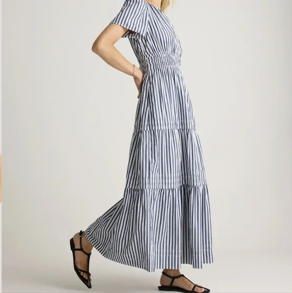 Quince 100% Organic Cotton Poplin Tiered Maxi Dress in Hudson Stripe, Small - Picture 3 of 13